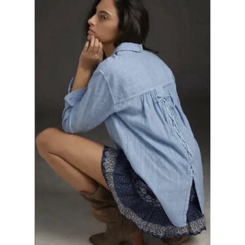 Anthropologie Pilcro Theresa Lace-Up Back Button Shirt Top Blue Size Small